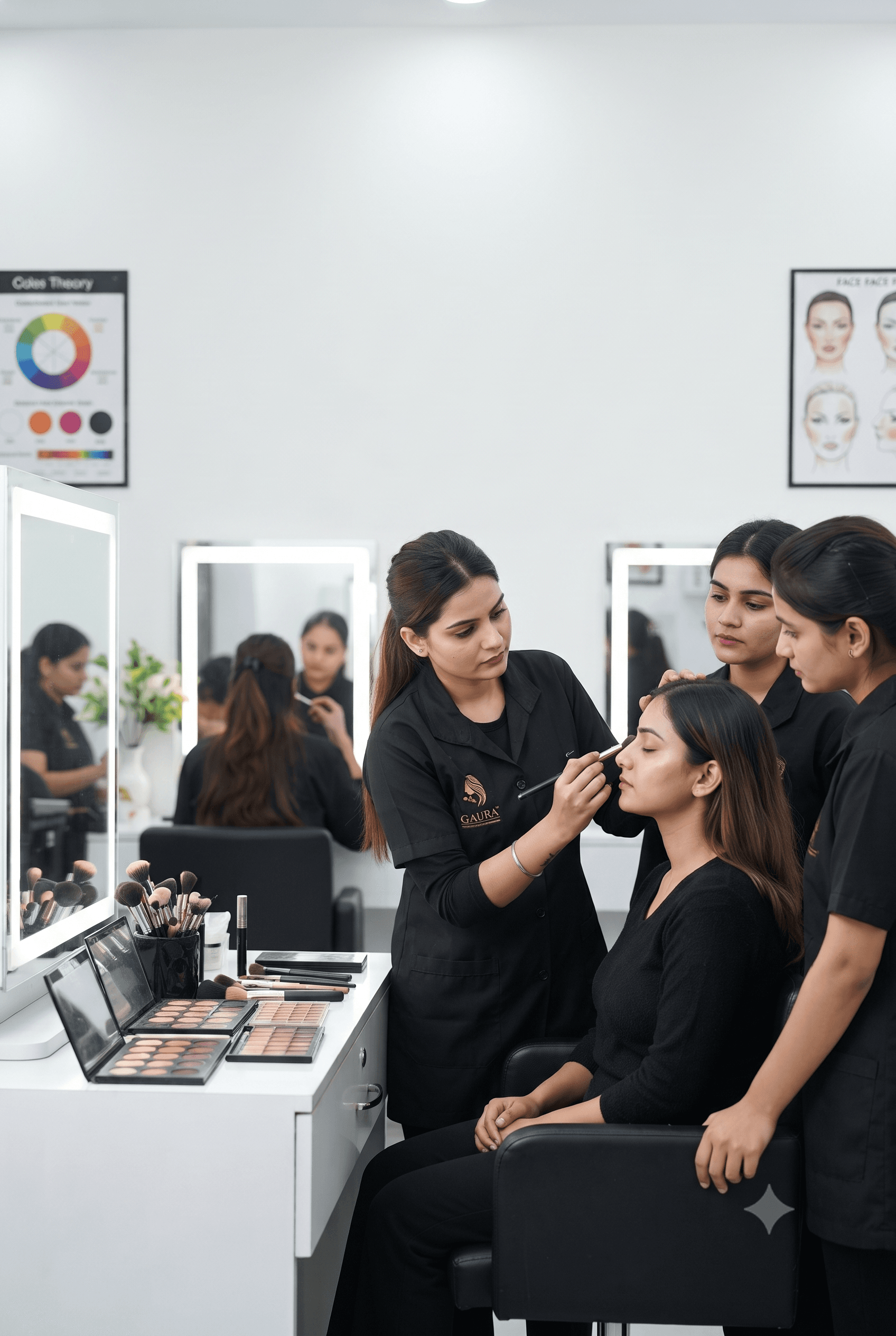 Students learning makeup and hair styling at Gaura Makeup Academy
